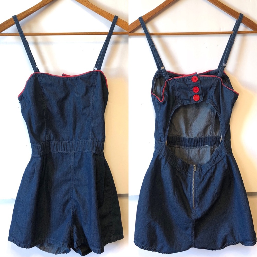 Cute chambray jean denim short romper.